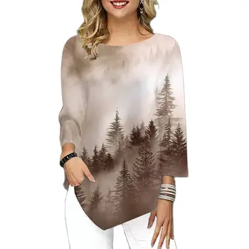 Женска тениска с всекидневния модел в стил мозайка с цифрово 3D принтом, еластична модни свободна риза, дамски дрехи, летни блузи неправилни форми