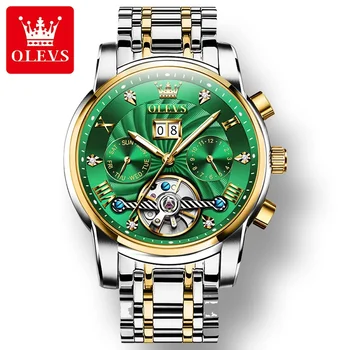 OLEVS 9910 Автоматични механични бизнес мъжки ръчен часовник, мултифункционален мъжки часовник с водоустойчив каишка от неръждаема стомана, светещи