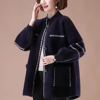 Вязаный пуловер от изкуствена вълна, кадифе за жени на средна и напреднала възраст, голям жилетка, универсален за есен-зима B114