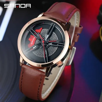 На BIANA Rotation Car Хъб Дизайн на циферблата Моден кварцов мъжки часовник с луксозен кафява кожена каишка Водоустойчив часовник P1040