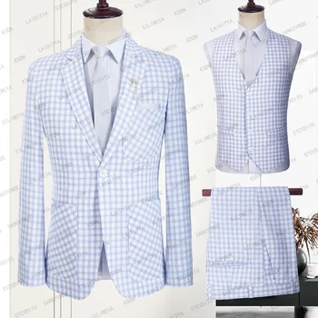 2023 Мъжки Летни Ежедневните Бизнес Ленени костюми Светло син, Бял цвят В Класически клетка, Сватбени Смокинги За Младоженеца-Комплект от 3 теми (Яке + Жилетка + Панталони)
