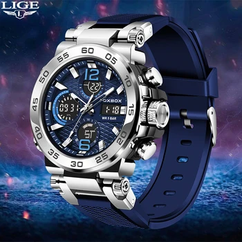Нови оригинални мъжки часовник с каишка силикон LIGE, спортни 5ATM, водоустойчиви часовници с LCD дисплей, стръмни циферблат, Водоустойчив спортни мъжки часовник