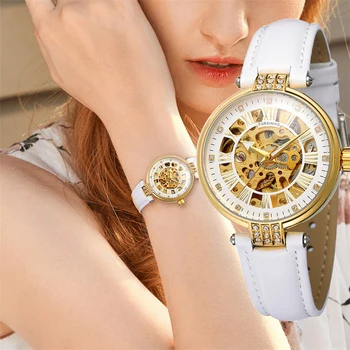 Корпус с диаманти, кожена каишка, модни дамски механични часовници Business Ladie, автоматични ръчен часовник с прозрачен виртуален скелет