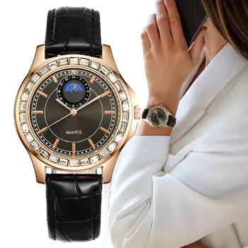 Луксозни дамски кварцов часовник с голям циферблат и диаманти, мода 2023, Черни Кожени дамски часовници в изчистен стил, Подарък часовник