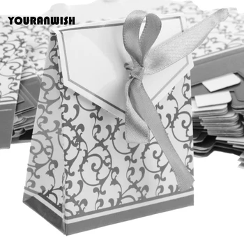 50 бр. /лот, Сребърна чанта за подаръци под формата на подаръци за душата на детето, Творчески кутии за сватбени подаръци, Кутия бонбони, кутия за шоколад за сватбеното парти, картонени кутии за шоколад
