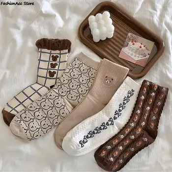 Мультяшные сладки чорапи с домашен любимец принтом мечка, спортна японска мода kawaii, дамски памучни дизайнерски чорапи под формата на диамант за момичета