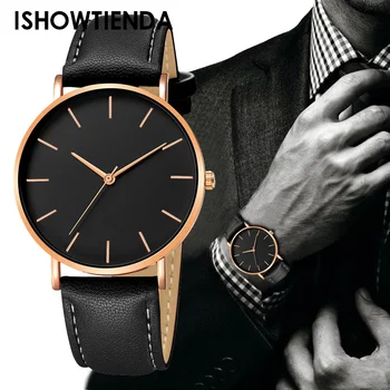 Модерни мъжки ръчни часовници, черен кварцов часовник, ултра-тънък корпус с минималистичен аналогов дисплей, кожена каишка, спортни часовници за мъже