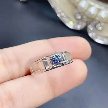 Мъжки пръстен Пенливи Синьо Пръстен с муассанитом от истинско сребро 925 проба, скъпоценен камък с тегло 1 карат, подарък за рожден ден, брилянтен е по-добре, отколкото диамант, силна власт