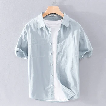 Ежедневни обикновена, светло синя риза от 100% памук с къс ръкав, мъжки модни удобна черна тениска за мъже, ризата camisa, блузи, мъжки