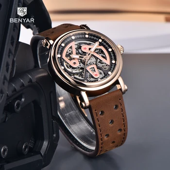 Мъжки часовник BENYAR 2023, най-добрата марка за луксозни Кухи Автоматични часовници за мъже, Механични ръчни часовници, Спортни Непромокаеми Кожени часовници