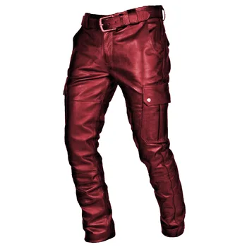 Модерен мъжки панталон-молив от изкуствена кожа в стил пънк, Тънки Мотоциклетни Блестящи Обикновена панталони големи размери, Панталони без колан, дрехи