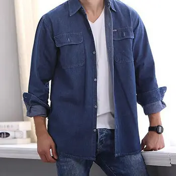 Мъжки ежедневни класически син деним риза с копчета и дълъг ръкав, рокля джинсовое