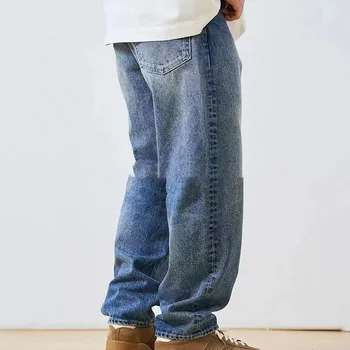 Мъжки ежедневни дънки НАУТИКА Японски есенен тренд Класически Реколта застиранные Старите Свободни панталони с копчета и цип зауженные