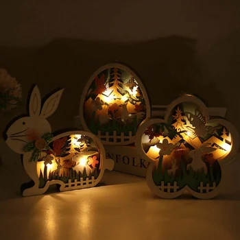 Дървени бижута за Зайче Великден Домашен Великденски Заек Led Лампа, Аксесоари за Великден парти Подарък за фестивала Egg Бъни Украса за дома