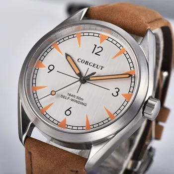 41 мм Corgeut луксозни Модерни Автоматични мъжки часовник с бял циферблат, корпус от неръждаема стомана, Сапфирен кристал, кафява каишка мъжки часовник