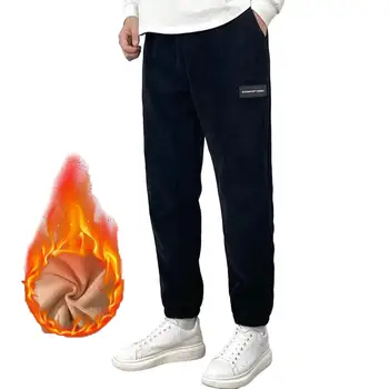 Панталони свободно, намаляване, мъжки изолирана плюшени широки спортни панталони с джобове с ластик на талията, за есенно-зимния топлина, мъжки