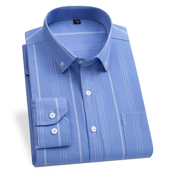 Нова мъжки ежедневни памучен риза в райе от Оксфорд с един накладным джоб, дълъг ръкав, Стандартна засаждане, Удобни ризи в клетката на копчета