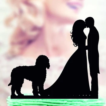 Семеен сватбата булката и Младоженеца с кучето, силует Голдендудла, Topper за торта за двойки, Забавен topper за торта