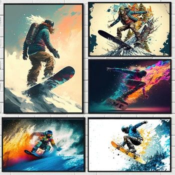 Зимни спортове, плакати и щампи на темата за сноуборд, ски, платно, живопис, каране на ски, стенни рисунки, декорация ски клуб в хола