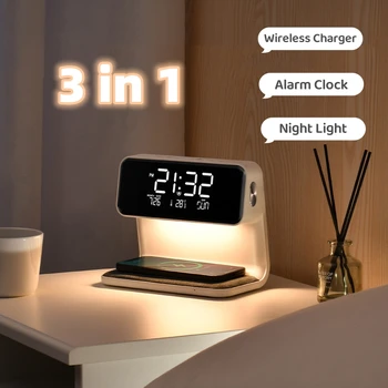 Креативна нощна лампа 3 в 1 с безжична зареждане, будилник с LCD екран и безжично зарядно устройство за телефон за Iphone