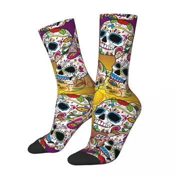 Забавни мъжки чорапи на Лилави захарни черепи в ретро стил Day of the Dead, в стил хип-хоп Crazy Crew с подарочным модел на чорапи
