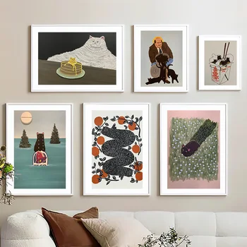 Ретро абстрактен храна за черни котки, смешни рисунки върху платно, постери и щампи, стенни картини за украса на интериора на дневната
