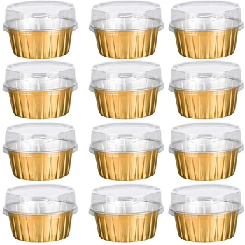 Десертни Чашки с Капаци, 50 Опаковки Държатели За Чаши За Печене От Златна Алуминиево Фолио, Калъпи За Печене на Кексчета, Прозрачни Кутии За Пудинг