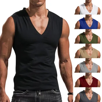 2023 Годишен Мъж Топ, Монофонични Жилетка С V-образно деколте, Ежедневни Дишаща Тениска Без Ръкави, Елек за Мъже