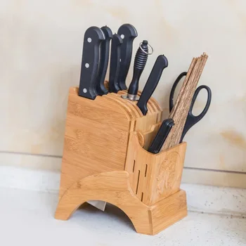 Дървен Държач Кухненски Нож От Бамбук Ножици Пръчици За Хранене, Полици За Съхранение На Приспособления Багажник Блок Ножове Поставка Органайзер За Аксесоари