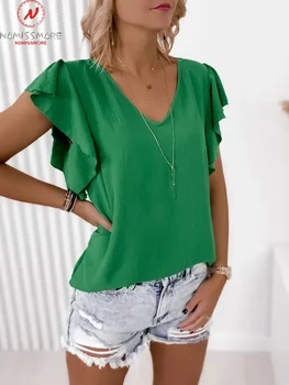 Модни дамски летни обикновена тениска в стил мозайка с волани, V-образно деколте, ръкав-пеперуда, Свободни пуловери, топ
