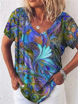 Лято 2023, нов цветен модел, къс ръкав, дамски абстрактна градинска облекло в стил графити в ретро стил, свободни ежедневни блузи за момичета