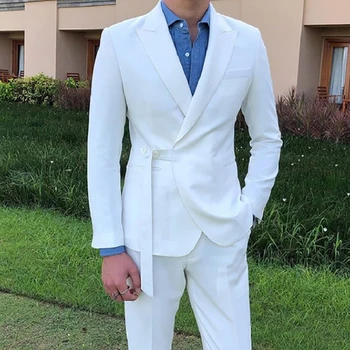 2023 Мъжки костюм за сватбени партита Смокинги Slim Fit с козирка и ревери Бяло на две копчета Джентълменско случайни официални мъжки комплект с високо качество