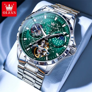 Марка OLEVS Модни Механичен Часовник със Зелен Циферблат Tourbillon за Мъже, Водоустойчиви Часовници е от Неръждаема Стомана, Звездното Небе, Фаза на Луната, Мъжки