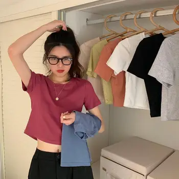 Лятна Новост 2023 година, Южнокорейската Дамски дрехи, Укороченная Тениска с къс ръкав, Обнажающий Корема, Многоцветен Монтиране топ За Момичета