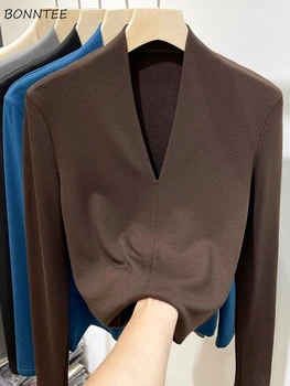 Зимните изолирана тениски Дамски Основни Вътрешна Тънка С V-образно деколте Корейски Модни Нежни Офис Женски обувки Навършване на Темперамент Топли Меки Блузи С дълъг ръкав
