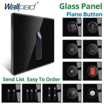 Бутон за пиано Wallpad, черна със стъклен панел със синя led индикатор, стенен прекъсвач светлина и изход, електрически контакт 16А 110-220 В