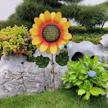Външни залози, големи метални слънчогледи, Светли градински рана със собствени пчели, Декоративни метални цветя, украси за тревата