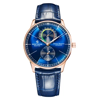 Мъжки многофункционални механични часовници Reef Тигър луксозен дизайн с модерен със синя кожена каишка, водоустойчив автоматични часовници RGA82B0-3