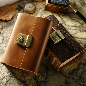 Бележник от естествена кожа формат А5 с ключалка, албум за плътност, дневник, творчески бележник ръчно изработени, реколта дебела книга