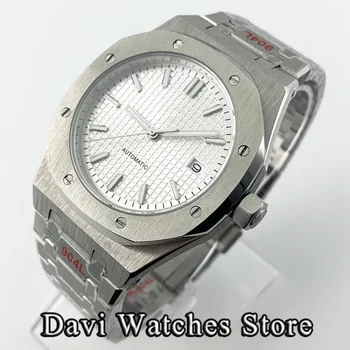 Нов 41 мм Бял циферблат Модни часовници от сапфир стъкло Водоустойчив механизъм за самостоятелно ликвидация NH35 Корпус от неръждаема Стомана Каишка Мъжки часовник