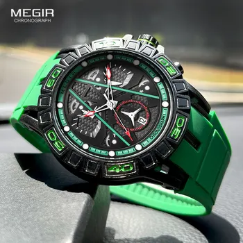 Мъжки аналогов кварцов часовник MEGIR с модерен силиконов каишка, хронограф, водоустойчив ръчен часовник с автоматично датата, светещите стрелки зелен цвят